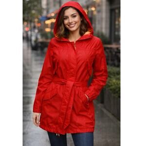 Antropologie Red Hooded Raincoat Size S Butterfly print cotton boho chic Jacket